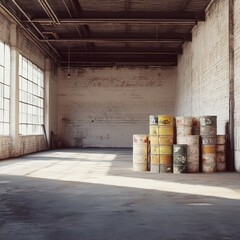 Sunlit Industrial Warehouse With Stacked Barrels