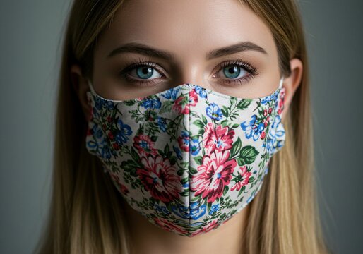 Young woman with floral face mask and blue eyes.