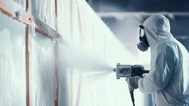 Worker in protective gear spraying a surface with industrial paint or disinfectant. A concept of safety, hazardous material handling, sanitation, and professional coating applications