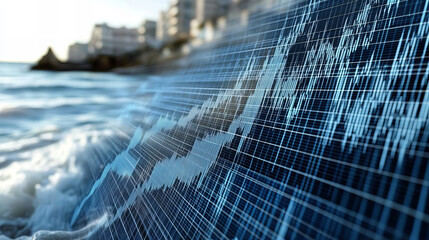 Waves of data rise along the shore as technology merges with nature during bright daylight hours