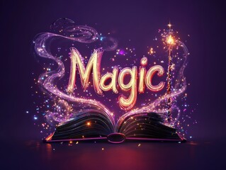 Enchanting book with magical text and shimmering effects in a mystical setting