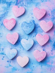 Fototapeta premium Colorful heart shaped bath bombs displayed creatively on a pastel blue background for relaxation and self care. Generative AI