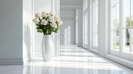 A sleek, modern tall vase with long-stemmed roses, adding sophistication to a grand hallway