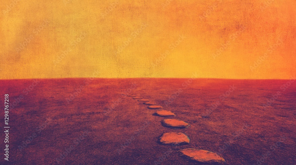 Aufkleber lonely pathway of stones guiding towards the warm horizon at dusk in an abstract desert landscape. g
