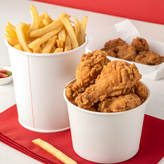 Crispy Fried Chicken and French Fries in White Buckets
with red background