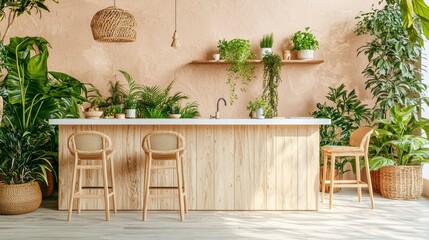 Modern Kitchen with Plants, Warm Lighting
