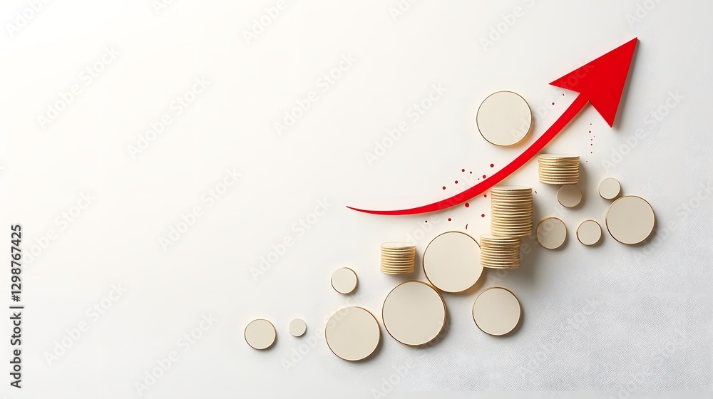 Poster Futuristic financial growth and investment success concept featuring stacks of radiant gold coins forming an ascending pattern paired with a dynamic red arrow soaring upward in a sharp angular path