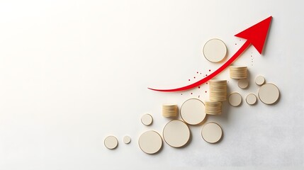 Futuristic financial growth and investment success concept featuring stacks of radiant gold coins forming an ascending pattern paired with a dynamic red arrow soaring upward in a sharp angular path