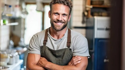 A cheerful handyman with a warm smile, standing in a workshop or home repair space. He wears a casual shirt and apron, with arms crossed, exuding confidence and professionalism in his trade