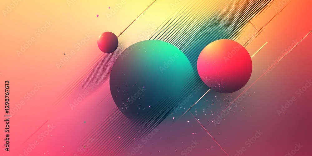 Poster three spheres floating amidst colorful gradient background and linear patterns