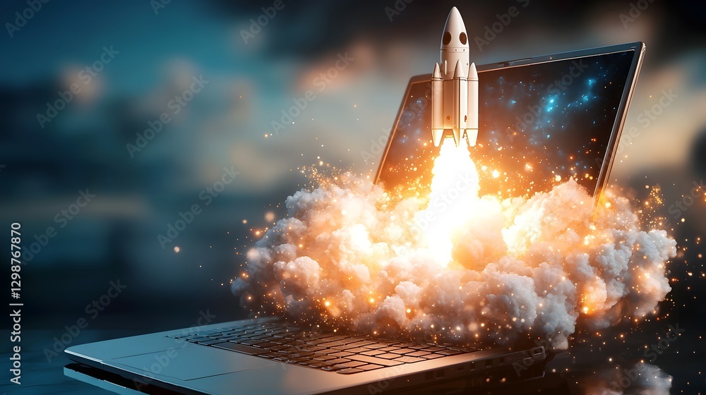 Aufkleber A stunning futuristic scene of a startup rocket launch emerging from a laptop in a high tech office environment  The glowing effects and motion blur create a sense of rapid development