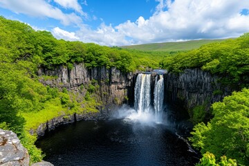 Fototapeta premium A dark, eerie waterfall in a gothic forest, with black water cascading into a mysterious abyss