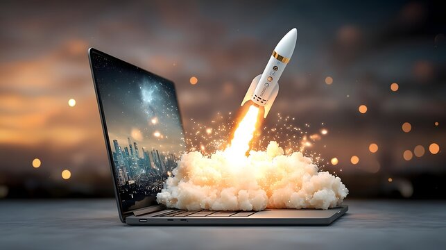 A digital marketing growth concept showcasing a rocket bursting out of a laptop radiating energy and momentum  The professional office background emphasizes speed transformation