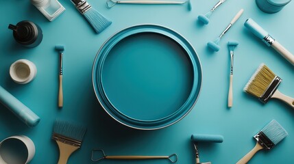 Obraz premium Teal paint can surrounded by various painting brushes and tools