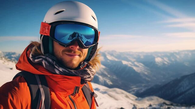 A smiling male skier wearing a black helmet and reflective ski goggles with a stunning mountain landscape mirrored in the lens. The bright winter setting captures the excitement of alpine adventure