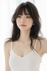 Female Asian Model with Long Hair - Young Beautiful Woman with Wavy Hair - Studio Portrait of Asian Beauty for Fashion, Cosmetic, Skincare - Posing on White Background - Smooth Styled Hair with Bangs