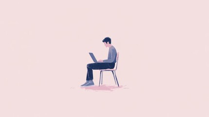Man Working on Laptop, Simple Illustration
