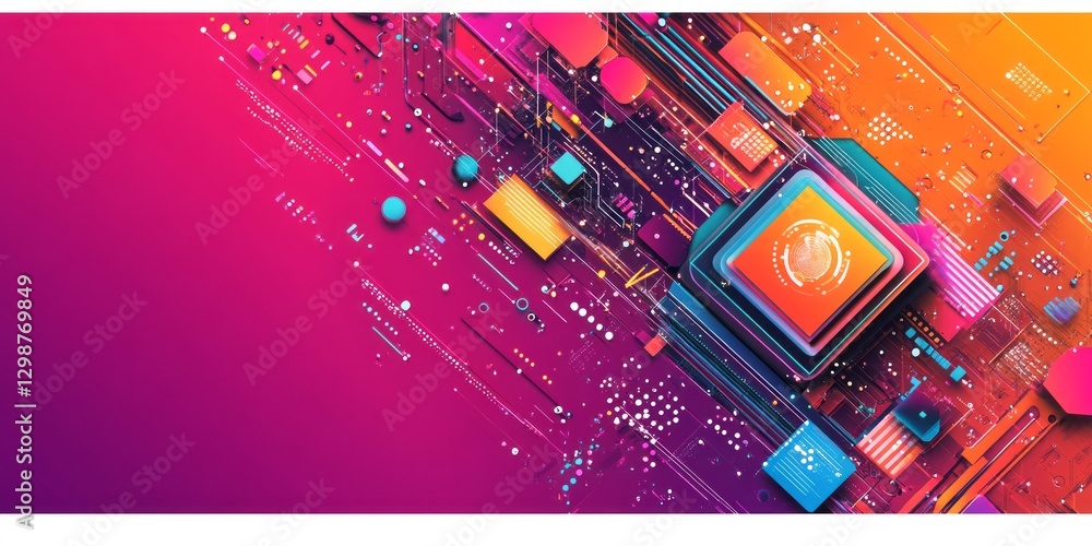 Poster vibrant abstract digital rendering displays futuristic technology and circuit design