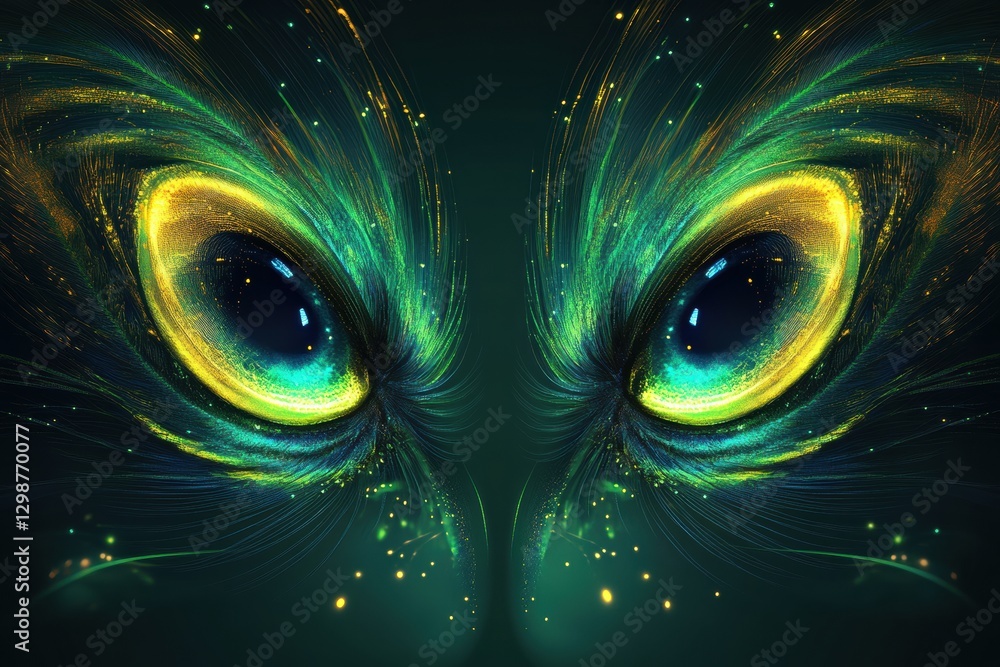 Leinwandbilder vibrant green and yellow eyes displayed in an abstract style with glowing particles in a dark backgr