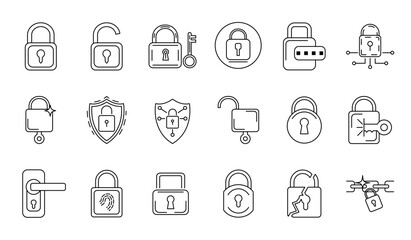 set of padlock icons in a minimalist line style. featuring locked and unlocked padlocks, security shield, key access, fingerprint authentication, digital security, and broken padlock. editable strokes