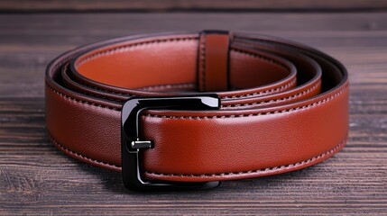 Stylish Leather Belt on Wooden Surface for Fashion Advertisement