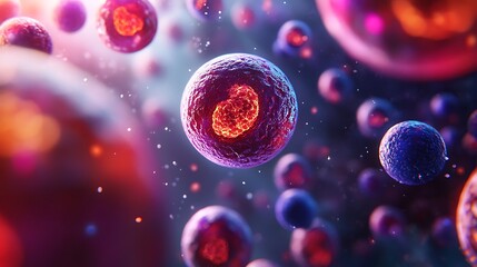 Vibrant Glowing Cells in Microscopic View, A vibrant digital illustration of glowing cells in a microscopic view