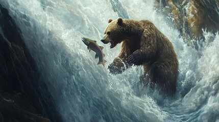 Fototapeta premium Epic Scene of Grizzly Bear Catching Salmon in Majestic Waterfall