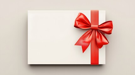 Elegant white gift card wrapped in a silky red ribbon tied into a perfect bow resting on a soft gray background with subtle shadows  The minimalist design emphasizes sophistication and simplicity