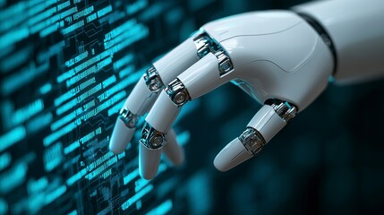Futuristic Robot Hand Interacting with Digital Interface Background