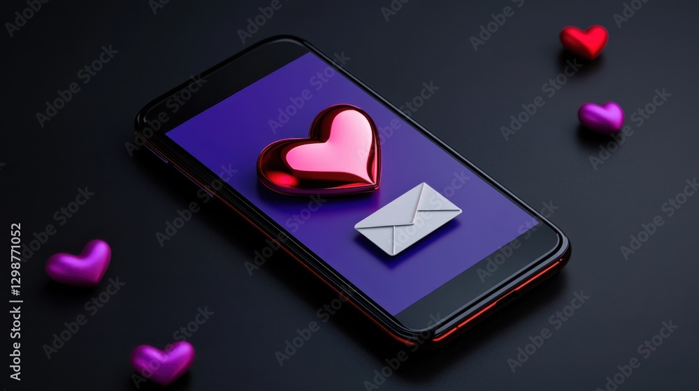Poster a cell phone with a heart on it and an envelope on the screen. the heart is red and the envelope is 