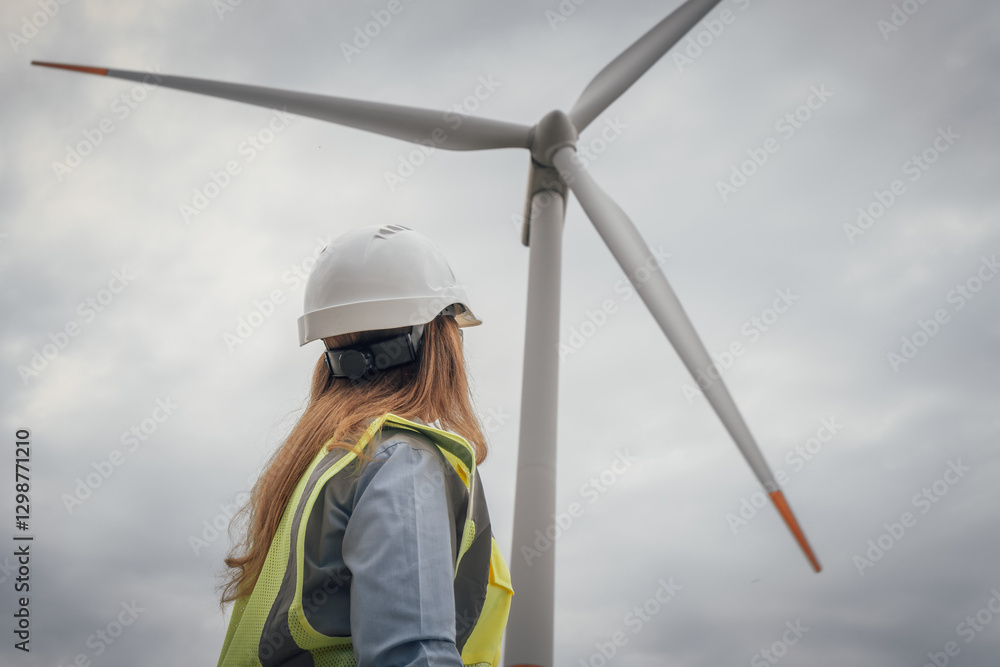 Poster an engineer keenly observing the ongoing wind turbine installation process at a renewable energy sit