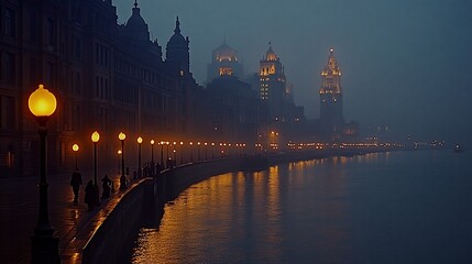 Fototapeta premium Foggy Night Stroll Along Shanghai Riverfront