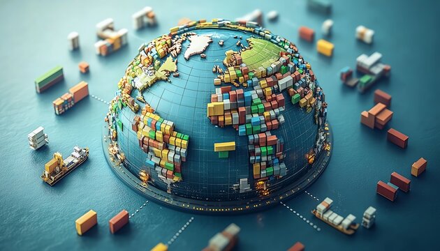 Dynamic isometric logistics scene with tiny figures coordinating shipments across a globe model