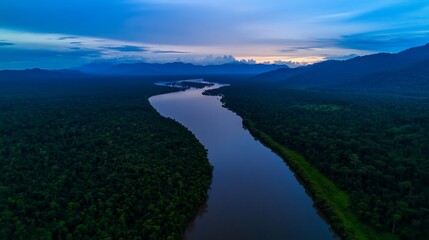 Serene river meanders through lush rainforest at dusk. Background mountains. Travel brochure