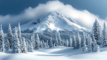Obraz premium Snowy Mountain Peak Fir trees covered in deep snow in a winter landscape under a cloudy sky