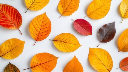 Obraz premium Autumn Leaves Flat Lay Yellow Orange Red Brown Hues on White