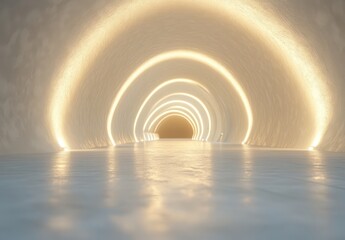Obraz premium Serene and Modern Abstract Tunnel Interior with Soft Lighting and Reflections on the Water Surface Creating a Dreamlike Atmosphere for Photography