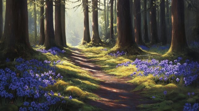 sunlit forest path with bluebells