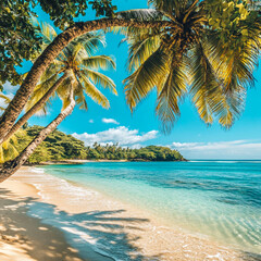 A tropical beach with crystal-clear waters, palm trees swaying gently, and soft golden sand under a clear, azure sky