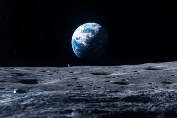 The Moon with astronauts on the surface, showing the Earth's blue sphere in the backdrop of pure space blackness
