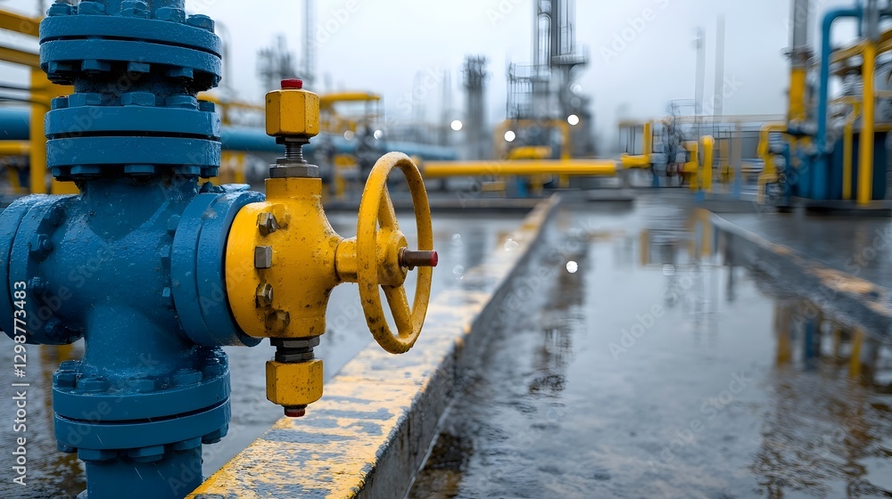 Poster close up detailed view of a large industrial refinery valve controlling the flow and pressure of fue