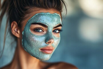 Radiant woman with a vibrant blue facial mask, accentuating her stunning blue eyes, promoting beauty, and a refreshing skincare routine for a youthful glow.
