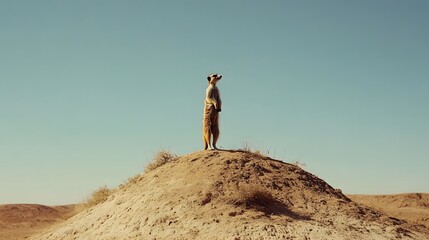 Meerkat Standing Tall on a Mound Under Clear Blue Sky
