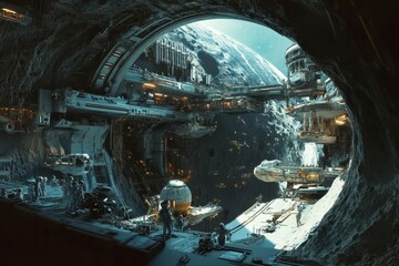 space colony inside an asteroid, showcasing futuristic architecture, various spacecrafts docked, and inhabitants in spacesuits