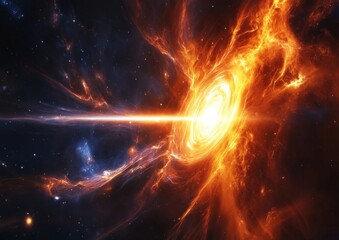 Fototapeta premium quasar emitting bright energy, displaying vast energy jets stretching out into the dark vastness of space