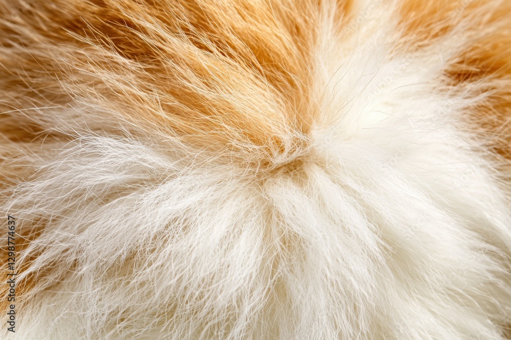 Poster an abstract close-up shot showcasing the soft and fluffy texture of orange and white cat fur, provid