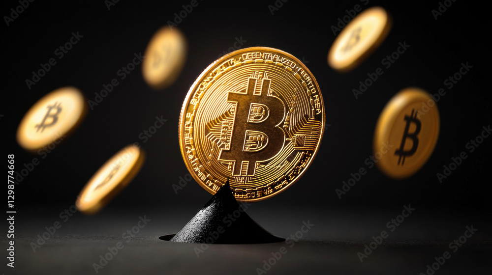 Poster bitcoin crash, crypto price drop sell-off. golden bitcoin coin balancing on a peak with floating coi