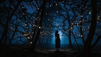 "Mysterious Woman in Ethereal Forest with Glowing Lights"