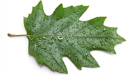 Fototapeta premium Green Leaf with Water Droplets on White Background