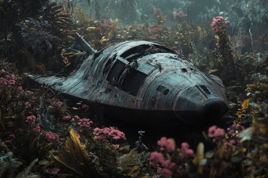 crashed UFO on an Alien world, with a prominent view of its damaged hull, against a backdrop of strange flora